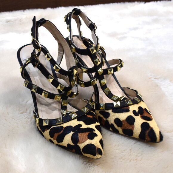 BCBG Darron Leopard Studded Strappy Stiletto Heels 7.5 Pointed Toe - Picture 3 of 11